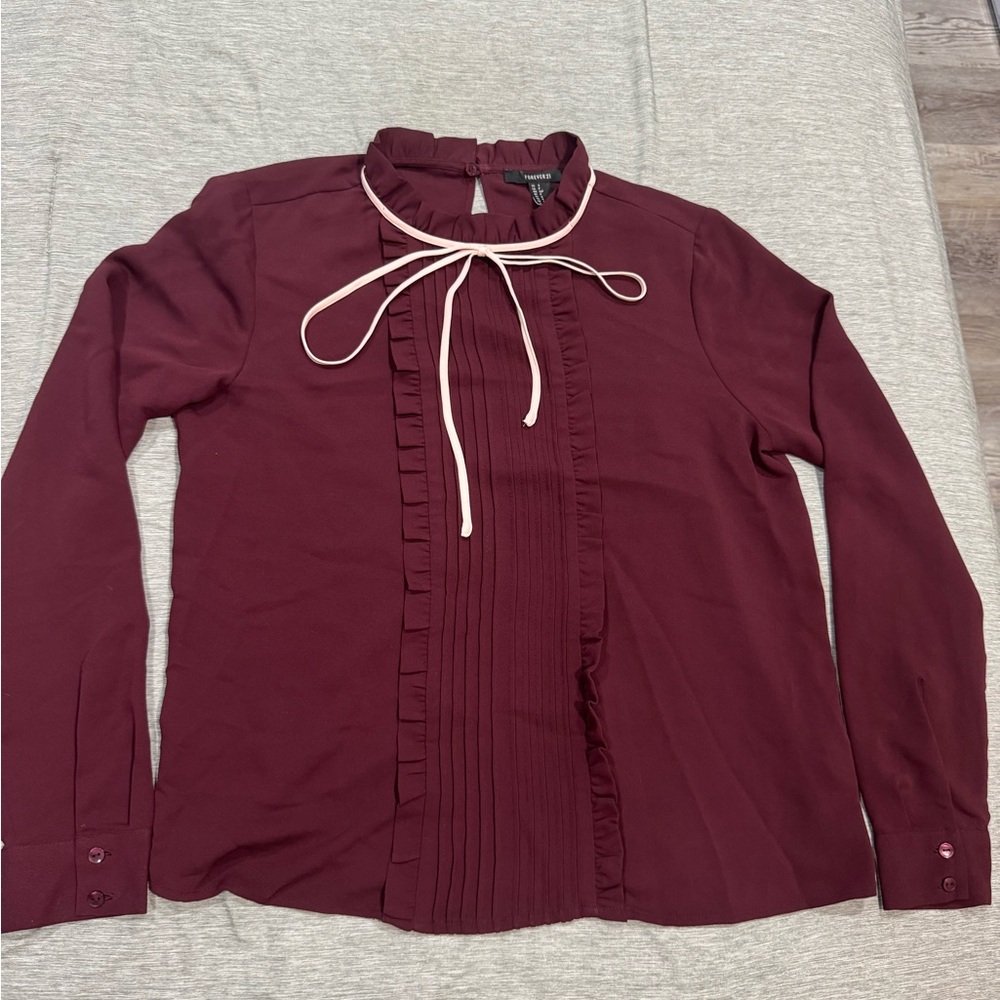 Women's Burgundy Blouse with Ruffle Detail